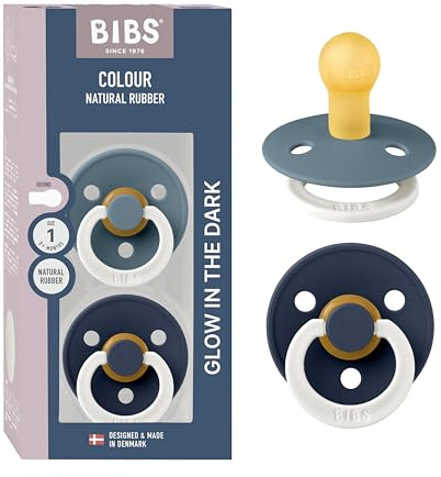 BIBS Colour GLOW Schnuller, 0-6 Monate, 2er-Pack, Petrol/Deep Space | Runder Sauger | Naturkautschuklatex | Größe 1 | BPA-frei | Hergestellt in Dänemark | Leuchtring | Hohe Akzeptanz | Luftlöcher