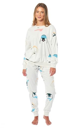 Daisy Dreamer Pigiama da donna in pile stampato, morbido e caldo, abbigliamento da notte, abbigliamento da notte a maniche lunghe, pigiama da donna con stampa animalier, Pinguino e orsi polari, XL