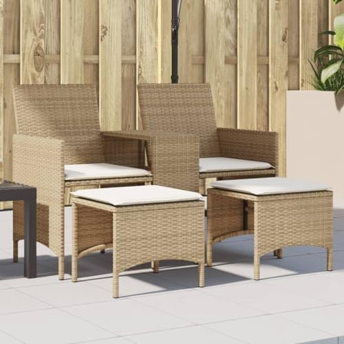 Tidyard Gartensofa 2-Sitzer mit Tisch und Hockern Beige Poly Rattan
