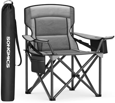 SONGMICS Campingstuhl, Klappstuhl mit Getränkehalter, Angelstuhl, Schaumstoffpolsterung, klappbar, bis 205 kg belastbar, Outdoor-Stuhl, hohe Rückenlehne, schiefergrau GCB066G01