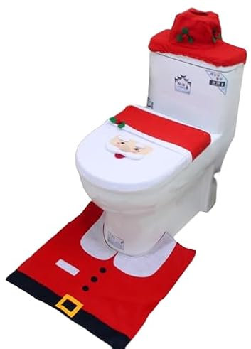 NICEYEA 3Pcs Christmas Toilet Cover Decorations Set Santa Toilet Lid Cover Non-Slip Bath Rugs Tank Cover Bathroom Decorations Xmas Party Accessories