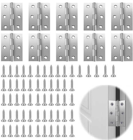 10PCS Hinges for Wood Silver Stainless Steel Hinges 2 Inch Hinges Small Hinges Folding Butt 6 Holes 50mm Hinges Internal Door Hinges for Cabinet Door or Internal Doors Window Box with 60 Screws