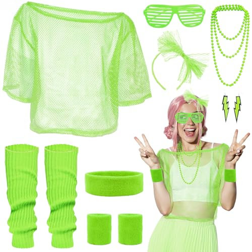 80er 90er Jahre Outfit Damen- Retro Trainingsanzug Kostüm Off Shoulder Neon Netzshirt Sexy Fasching Netzoberteil Party Kleidung Damen T-Shirt Brille Stirnband Ohrring Halskette für Karneval Mottoparty