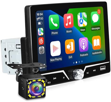 NHOPEEW Radio de Coche de 7 Pulgadas 1 DIN con Carplay y Android Auto inalámbrico - Radio de Coche Compatible con EQ FM Control de Volante 7 Luces de Fondo de Colores + cámara de visión Trasera