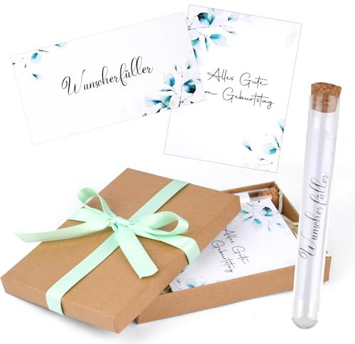 Tikplus Geldgeschenke Geburtstag, Wunscherfüller Geldgeschenk, Geldgeschenke Verpackung Alles Gute zum Geburtstag mit Geschenkbox GrußKarte Kunststoff Reagenzglas Raffia Gras Band