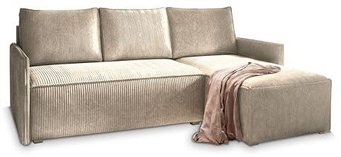 Masseno Ecksofa PERUSI mit Schlaffunktion L-Form, Sofa mit Bettkasten, Wohnzimmersofa, Couch, Soffa, Bettsofa, Couchgarnitur- Beige, POSO 02