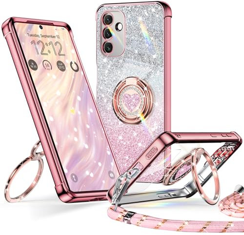 XYZ für Samsung Galaxy A54 5G Hülle mit Band, Herzen Doppelring Ständer Luxus Glitzer HandyHülle Kameraschutz, Frauen Stoßfest Elektroplattiert Soft TPU SchutzHülle Clear Samsung A54 5G Case, Roségold