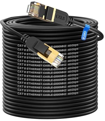 Câble Ethernet Cat 8 150 m, haut débit, robuste, 26 AWG, câble réseau LAN Cat8 40 Gbit/s, 2 000 MHz avec connecteur RJ45 plaqué or, câble Internet extérieur et intérieur compatible avec routeur