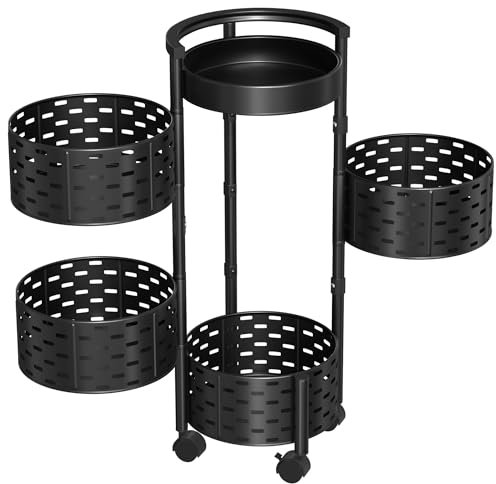 Suusolny Universal Regal Küchenwagen mit 360° Rädern Rollwagen Obstwagen Drehbares Küchenregal aus Kohlenstoffstahl Aufbewahrungsbehälter für Küche Büro Wohnzimmer - Rund - 4 Ebenen - Schwarz
