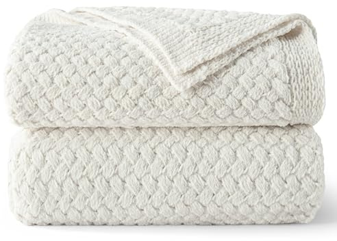 Whale Flotilla Chunky Knit Blanket for Sofa Bed, 150x200 CM | Ultra Soft Handmade Reversible Knitted Chenille Blankets for Couch, Summer, Decorative, Machine Washable, Ivory