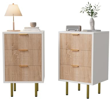 TIMORWTF 2 Stück Nachttisch, moderne Kommode, 3 Schubladen, Aufbewahrungsmöbel, Beistelltisch für Schlafzimmer, Flur, Wohnzimmer oder Büro, 40 x 40 x 65 cm (3 Schubladen Holz + Weiß, 2 Stück)