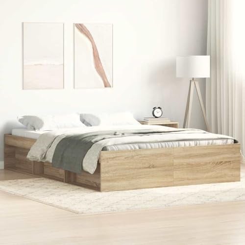 Ordellia Bettgestell Sonoma-Eiche 140x190 cm mit Stauraum, Holzwerkstoff, stabiles Plattformbett für Schlafzimmer, modernes Design, Ehebett