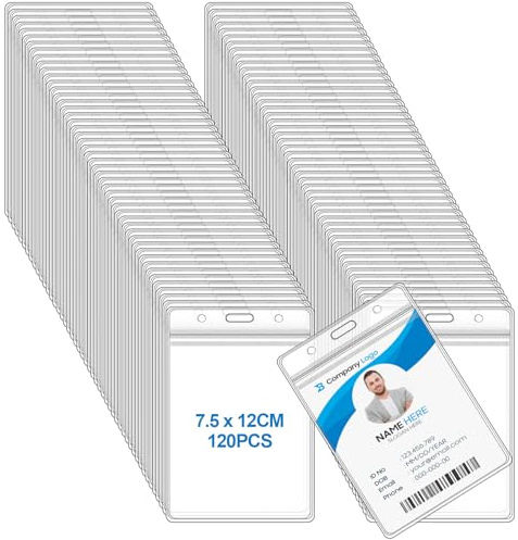 Lot de 120 Porte Badge, 7,5 x 12 cm, Porte Badge Verticaux, étanche Porte-Badges Transparent, PVC Transparent Porte-Carte D'Identité, Pour employés, étudiants, expositions