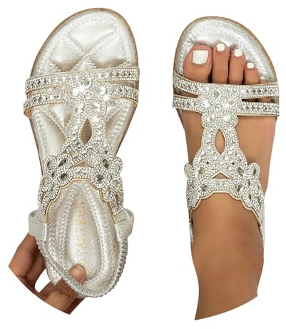 Luadnysin Sandales Femme Été Confortable Nu Pieds T-Strap Bride Élastique À La Cheville Ouvert Bout Chaussure De Plage Strass Cristal Florals Casual Chaussures,35-46