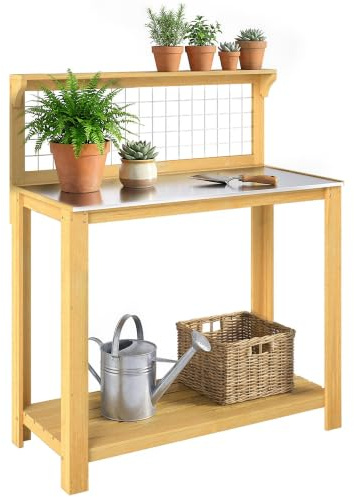 Outsunny Holz-Pflanztisch mit Aluminium-Arbeitsplatte, Gartenwerkbank für den Außenbereich mit 2 Ablagen und Gitterdesign für Heimwerker, Pflanzstation für Terrasse, Garten, Balkon, 100 x 48 x 119