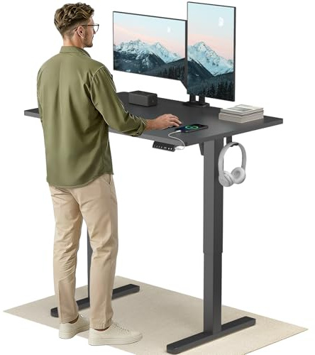 HUANUO Höhenverstellbarer Schreibtisch 120x80cm USB-C&USB-A Ladeanschl | Höhe 72-118cm, 4 Speicherstufen, Der Desktop wird breiter,Kabelmanagement, Haken