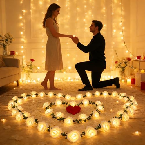 shulovehua LED String Lights Holiday Lights Decorative Lamp Strings White Rose Floral Vine LED Lights Dual Lighting Modes Bendable for Wall Curtain Pipe Indoor Outdoor Festival Decoration