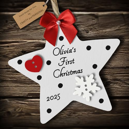 Multi-Colour Personalised Baby's First 1st Christmas Bauble Star tree decoration gift wooden hanging ornament keepsake for boy or girl (White #1)
