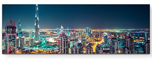 Paul Sinus Art Leinwandbilder | Bilder Leinwand 150x50cm Skyline bei Nacht Dubai – UAE