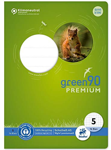 Staufen Green Heft - DIN A5, Lineatur 5 (5mm kariert), 16 Blatt, premiumweißes 90g/m² Recyclingpapier, runde Ecken verhindern „Eselsohren“, 1 Stück