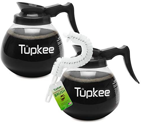 Commercial Coffee Carafe Pot Replacement - Restaurant Glass Decanter - 64 oz 12 Cup, Set of 2 Black Handle, Compatible with Wilbur Curtis, Bloomfield, Bunn | Includes | Coffee Pot Cleaning Brush