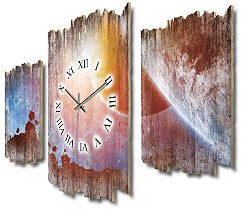 Universum Kosmos Weltall Galaxie Astronomie Shabby chic Landhaus Dreiteilige Designer Funk Wanduhr leise Funkuhr ohne Ticken 95 x 60 cm aus MDF-Holz DTWH077FL (leises Funkuhrwerk)