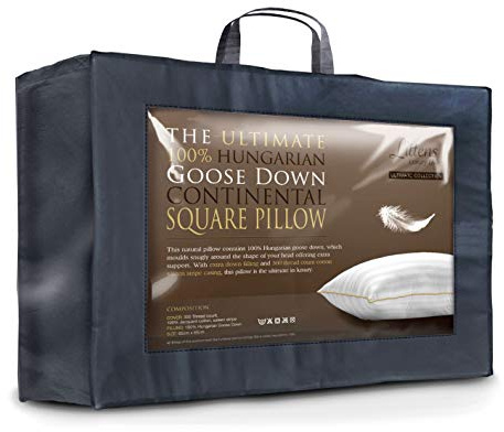 Littens Luxury European Continental 65cm x 65cm Ultimate Collection 100% Hungarian Goose Down Square Pillow 300TC 100% Cotton Jacquard Casing, Down Proof, Gold Piping (26 x 26)