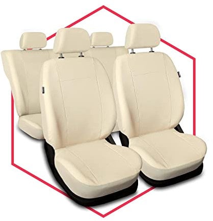 Saferide 3er Set Autositzbezüge PKW universal | Auto Sitzbezüge Kunstleder Beige für Airbag geeignet | für Vordersitze und Rückbank | 1+1 Autositze vorne und 1 Sitzbank hinten teilbar Reißverschlüsse