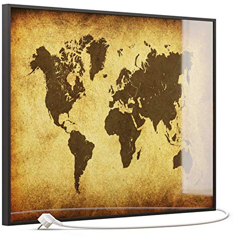 STEINFELD Heizsysteme® Glas Bild Infrarotheizung Heizkörper mit TS11 WiFi Thermostat | Made in Germany | Motive 009 Weltkarte (500 Watt, schwarz)