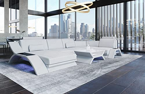 Ledersofa Calabria in U-Form als Sofa Landschaft mit Beleuchtung USB-Anschluss Kopfstützen (Ottomane Links, White)