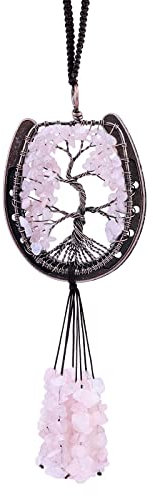 KYEYGWO Quartz Rose Arbre de Vie en Fer à Cheval Ornement Suspendu, Décoration Tenture Murale en Pierre, Pendentif Miroir de Voiture Fait à la Main, Décoration de Fenêtre