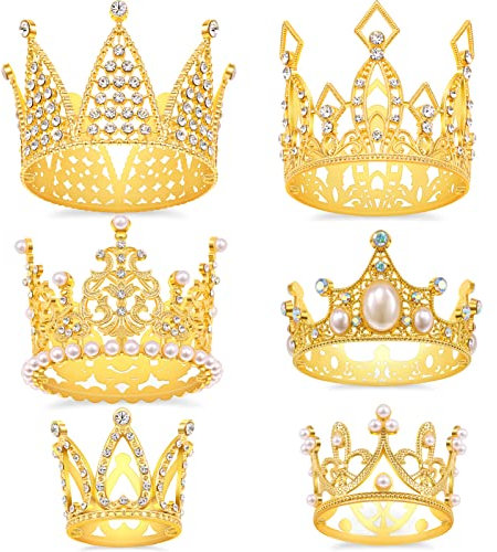 SisBroo Gold Crown Cake Topper, 6 Pieces Happy Birthday Cake Toppers, Princess Crown Cake Decorations for Birthday, Wedding, Party and Baby Shower, Birthday Crown Tiara for Kids and Pets (Gold-Ⅱ, 6)