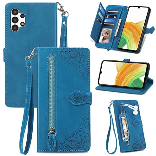 BLOTECH étui Livre en Cuir Coque intérieure Douce pour Samsung Galaxy A13 4G Étui en Cuir Flip Cover Sac à Fermeture éclair Porte-Monnaie Housse 360 Etui a Rabat Cover Carte de Crédit Pochette Bleu