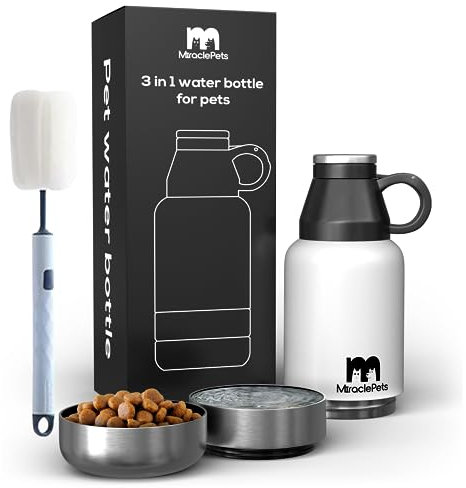 Miracle Pets Botella de Agua para Perros - Bebedero Perro Portatil y Comedero - Botella Termica 1 Litro -Cantimplora Acero Inoxidable Agarre Fácil Doble Aislamiento sin BPA (Blanco) Cepillo Limpieza