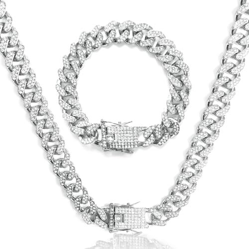 LOCCY 12 MM kubanische Gliederkette, Silber Gold Kubanische Kette Gliederkette, iced out Armband ice out Kette mit Karabinerverschluss, Länge 50/55/60cm(Silber, 50)