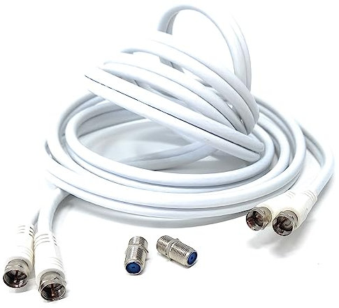 DRUT 3m Twin Shotgun Satellite Moulded F-Type Plug to Socket RG6 Coaxial Extension Antenna Cable Lead With F-Type Couplers 10ft White