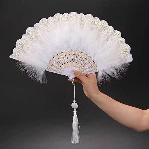 Folding Fan Handheld,Hand Held White Gold Feather Fan Double Sided Folding Fan Hand Fan Foldable Japanese Chinese Oriental Vintage For Wedding Church Decoration Hot Flash Dance Performance Party Gif