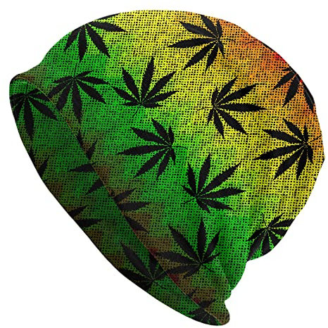Lsjuee Weed Leaf Beanie-Mütze für Männer und Frauen, dünne Slouchy-Schädelkappe, Stretch-Strickmütze, Schwarz
