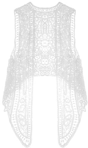 SATINIOR Boho Hippie Häkeln Cardigan Damen Irregular Ärmellos Weste Offene Hohl Spitze Drapiert (Weiß)