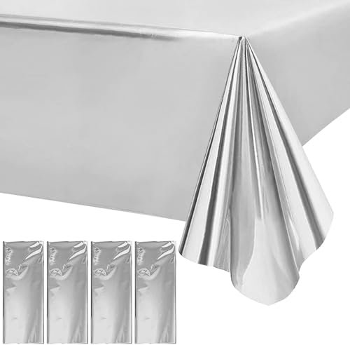 Party Tischdecke Geburtstag 4 Stück - 137 x 274 cm Folientischdecke, Fleckschutz Wasserabweisend, für Party Dekoration Geburtstag Grillparty Familientreffen Camping (Silber)