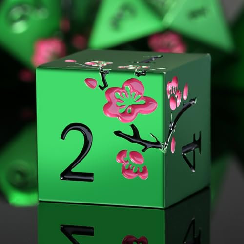 Matt Green Metal Dice Set, DNDND 7 PCS Heavy Metallic D&D Dice Set with Grogeous Gift Case for Dungeons and Dragon Tabletop Game (Matte Green with Pink Flower)