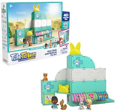 Tile Town Pet Vet Magnetic Tiles Construction Building Playset + Figures, Kids 3-5+, New ACTION TILES for Action Play, Realistic Builds, STEM Creative Toy, Great Gift for Boys & Girls