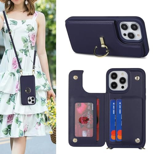 SailorTech iPhone 13 Pro Case with Credit Card Holder, Leather Case with Ring Stand, Kickstand and Card Slots - Navy Blue