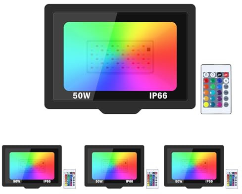 Willpower 4pz RGB Faretto LED da Esterno 50W, Faretto LED Cambio Colore RGB Modalità di Strobo DIY, con Telecomando, 16 Colori, Impermeabile Proiettore per Interno Esterno Giardino Cortile Partito