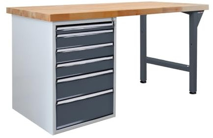 Steinbock Werkbank mit 6 Schubladen | 500 kg Tragkraft | HxBxT 85 x 200 x 75 cm | Anthrazitgrau | 5 cm Starke Massivholz-Arbeitsplatte | stabiles Stahlgestell | Made in EU | Profi-Werktisch