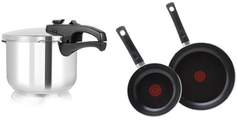 Tower T80244 6L/22cm Pressure Cooker with Steamer Basket, Stainless Steel, Silver & Tefal Taste Twin Pack, Aluminium Frying Pans, Pan Set, Pans 20 cm and 28 cm diameter, Non-Stick