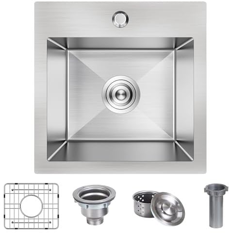 15 x 15 Inch Drop In Bar Sink, Small Kitchen Sink Single Bowl Topmount Bar Prep Sink 18 Gauge Stainless Steel Bar Sink with Grid and Basket Strainer