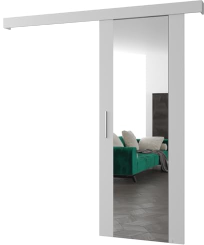 MEBLE KRYSPOL Salwador 2 Schiebetürsystem mit Schienenkappe und Spiegel - Innenwand-Schiebetüren - Solide Konstruktion - 80x204 cm - Weiß Weiß Silber
