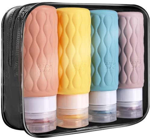 4 Pack Travel Bottles for Toiletries 100ML Silicone Travel Squeeze Bottles Set with Clear Zipper Toiletry Bag Leakproof Refillable Squeeze Travel Containers