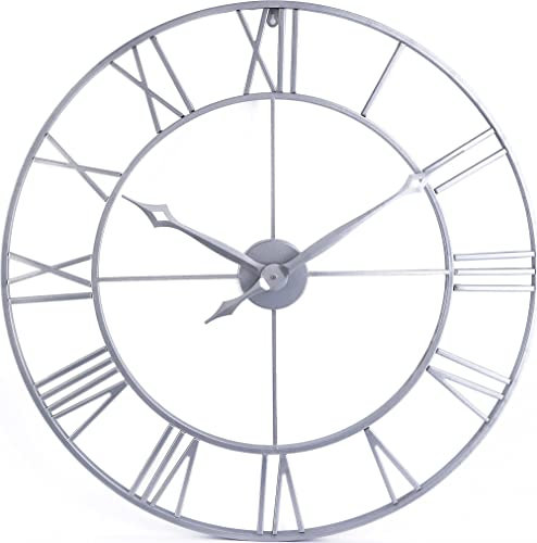 Samilito Große Wanduhr im Vintage-Stil, rund, geräuschlos, Silber. Gratis dazu EIN Extraset Uhrzeiger in Schwarz. Die Metalluhr für Loft, Wohnzimmer, Schlafzimmer und Küchendekoration (Silber, 76 cm)